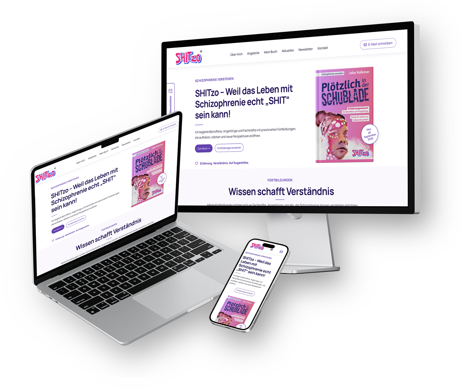 Responsive Darstellung der Website SHITzo To Go auf Desktop, Laptop und Smartphone.